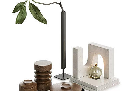 Decorative Ornament Set With Green Leaves Black Lamp Wooden Stacked Pieces And White Geometric Decor 3d model