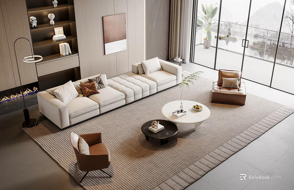 Modern Living Room With White Sofa And Coffee Table Set Beige Rug Brown Armchairs 3d model 