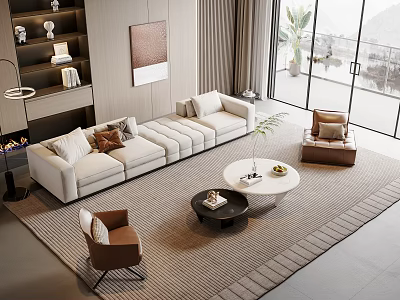 Modern Living Room With White Sofa And Coffee Table Set Beige Rug Brown Armchairs 3d model