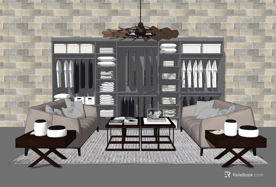 Modern Sofa and Coffee Table Set with Stone Wall Chandelier and Wardrobe Clothes 3d model 