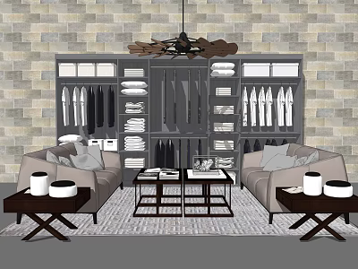 Modern Sofa and Coffee Table Set with Stone Wall Chandelier and Wardrobe Clothes 3d model