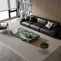 Black Leather Sofa and Green Marble Coffee Table with Brown Armchair Side Table and Window