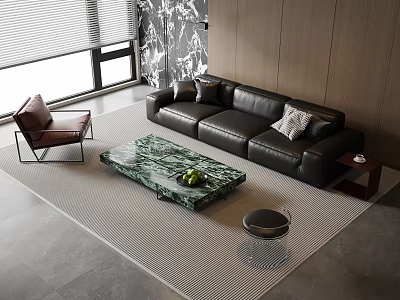 Black Leather Sofa and Green Marble Coffee Table with Brown Armchair Side Table and Window 3d model