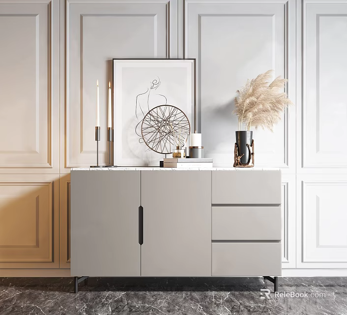 Entryway Side Cabinet With Modern Design Framed Art Candles Vase And Pampas Grass 3d model 