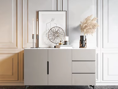 Entryway Side Cabinet With Modern Design Framed Art Candles Vase And Pampas Grass 3d model