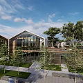 Modern Sales Office Building with Lush Trees Pathway and Elegant Signage