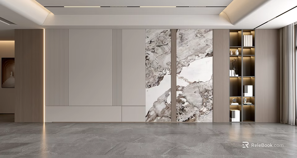 Modern Sofa Backdrop Wall Design With Marble Texture Panels And Light Neutral Accent Walls 3d model