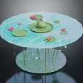 Natural Pond Scene With Lily Pads Pink Lotus Flowers Green Frog And Stems