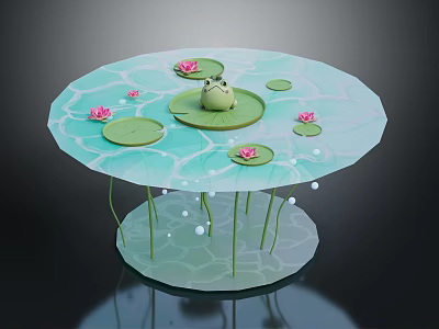Natural Pond Scene With Lily Pads Pink Lotus Flowers Green Frog And Stems 3d model