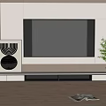 Modern White TV Wall Design With TV Stand Decorative Art Green Plant And Wooden Floor