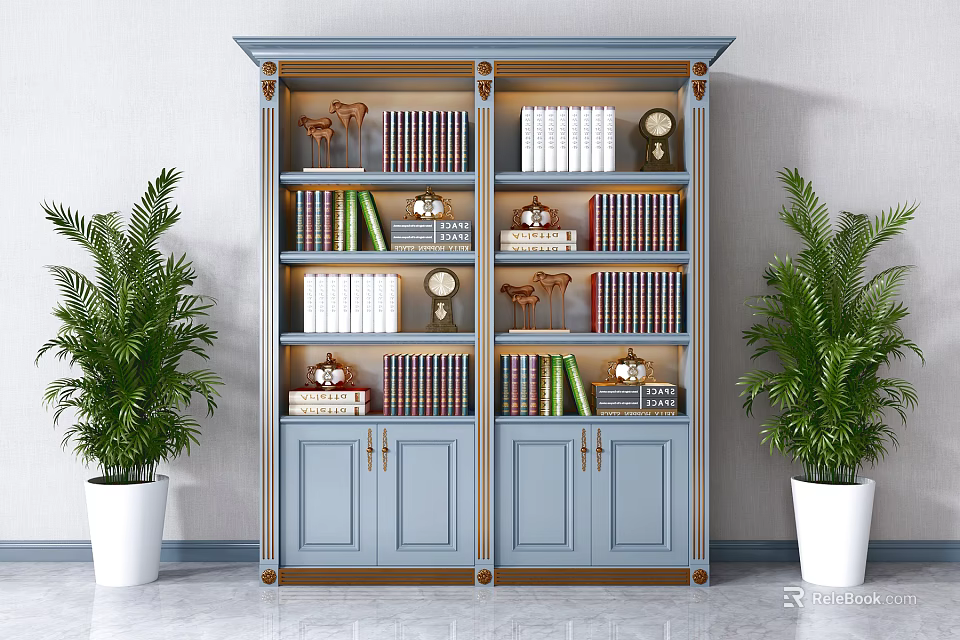 Blue Bookcase with Shelves Books Decor Deer Figurines Clock Potted Plants Both Sides Cabinet Doors 3d model 