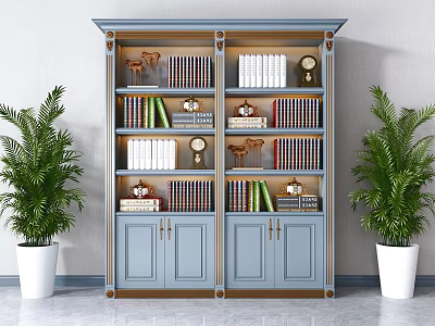 Blue Bookcase with Shelves Books Decor Deer Figurines Clock Potted Plants Both Sides Cabinet Doors 3d model