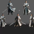 Ancient Chinese Men In Traditional Warrior Costumes Holding Swords In Various Poses