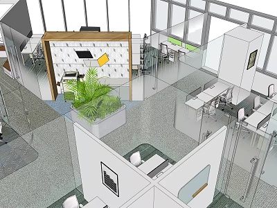 Modern Public Office Space With Open Layout Workstations Green Plants And Natural Light 3d model
