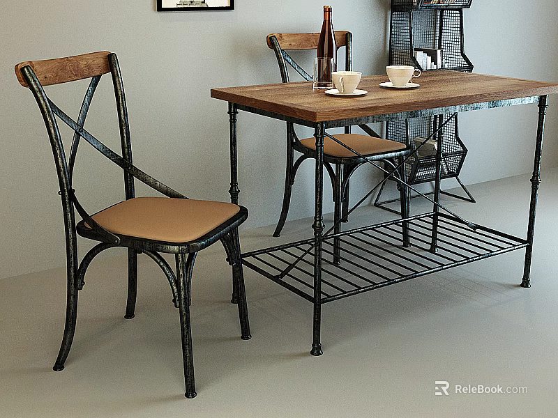Vintage Wooden Top Metal Frame Dining Table And Cross Back Leather Seat Chairs Set 3d model 