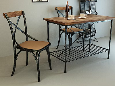 Vintage Wooden Top Metal Frame Dining Table And Cross Back Leather Seat Chairs Set 3d model