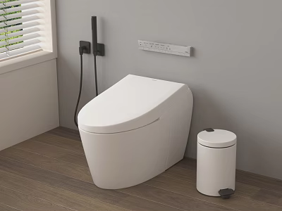 Modern White Toilet With Control Panel On Wall Trash Bin And Wooden Floor 3d model