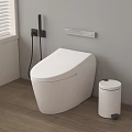 Modern White Toilet With Control Panel On Wall Trash Bin And Wooden Floor