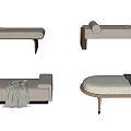 Various Upholstered Ottoman Designs With Shearling Blankets And Metal Wooden Legs In Neutral Tones
