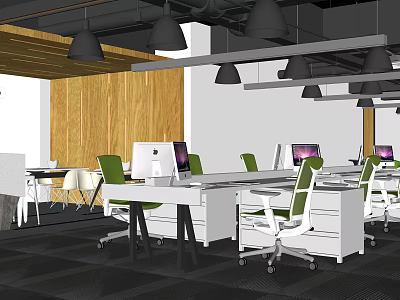 Modern Public Office Space Interior With Work Desks Green Chairs And Pendant Lights 3d model