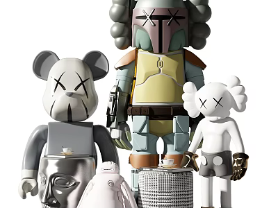 Contemporary Pop Art Sculptures Featuring X Eyes And Armored Details In Gray White And Yellow 3d model