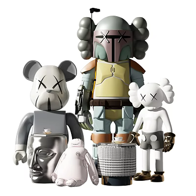Contemporary Pop Art Sculptures Featuring X Eyes And Armored Details In Gray White And Yellow 3d model