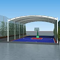 Outdoor Basketball Court With White Canopy Blue Red Surface Green Fence And Surrounding Plants