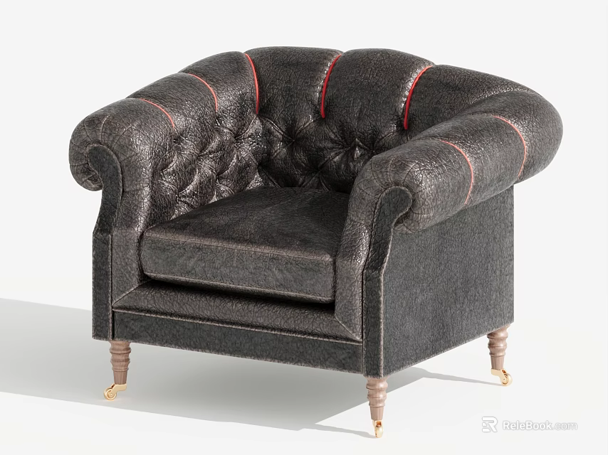 Dark Gray Leather Tufted Armchair With Curved Arms Red Stitching And Wooden Legs 3d model 