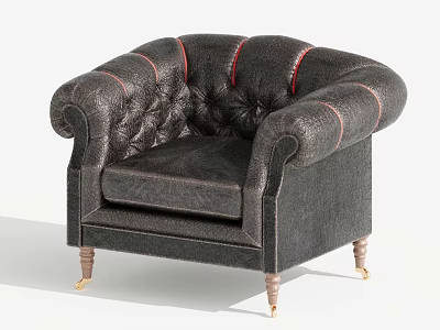 Dark Gray Leather Tufted Armchair With Curved Arms Red Stitching And Wooden Legs 3d model