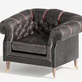 Dark Gray Leather Tufted Armchair With Curved Arms Red Stitching And Wooden Legs