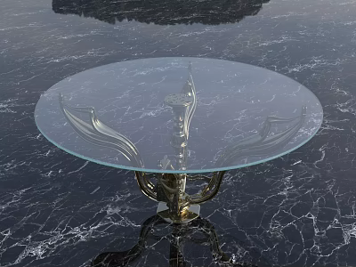 Round Coffee Table With Clear Glass Top And Intricate Metal Base Design 3d model