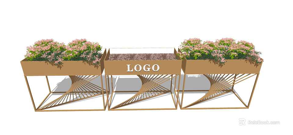 Golden Flower Planters with Woven Stands Pink Flowers and Central LOGO 3d model 