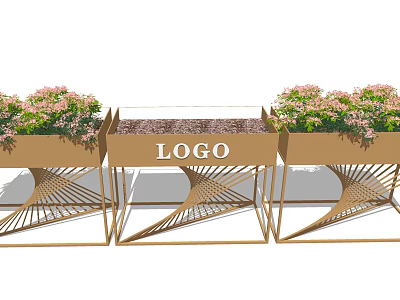 Golden Flower Planters with Woven Stands Pink Flowers and Central LOGO 3d model