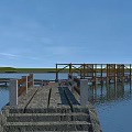 Wooden Road Facilities Along Calm Water Area With Small Bridge Boardwalks and Green Hills