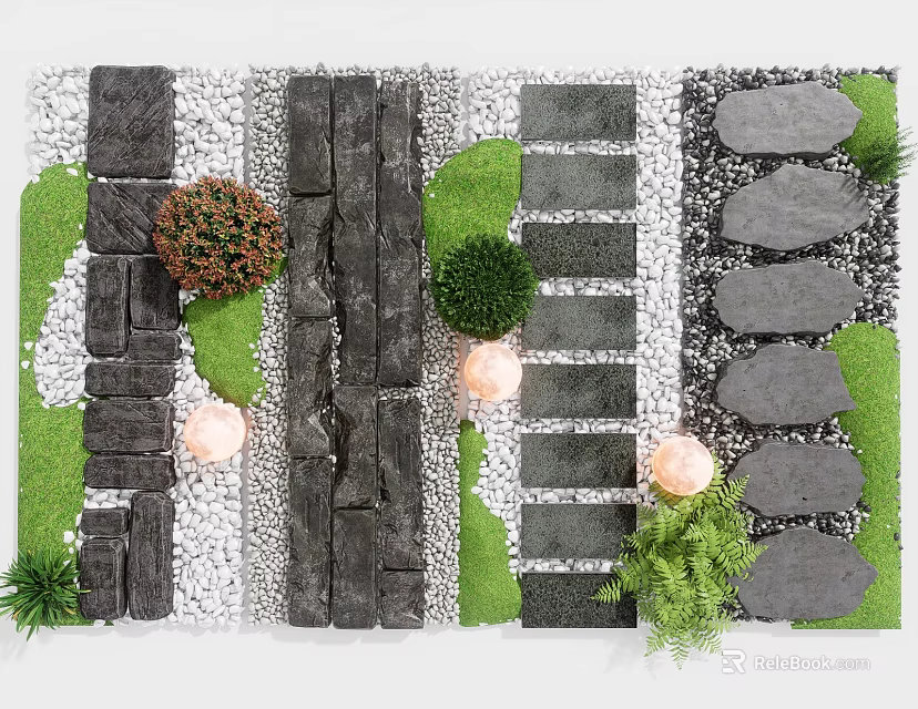 Garden Stepping Stones Design With Stone Slabs Pebbles Green Plants And Small Lights 3d model 