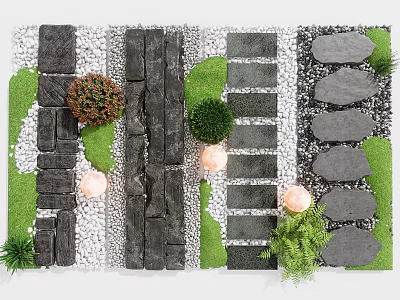 Garden Stepping Stones Design With Stone Slabs Pebbles Green Plants And Small Lights 3d model