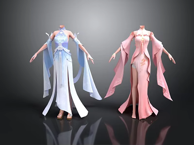Traditional Style Flowing Sleeve Dresses In Blue And Pink For Daily Use 3d model