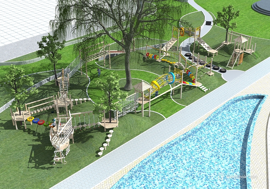 Outdoor Playground Equipment Near Swimming Pool With Green Trees And Grass 3d model 