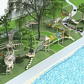 Outdoor Playground Equipment Near Swimming Pool With Green Trees And Grass