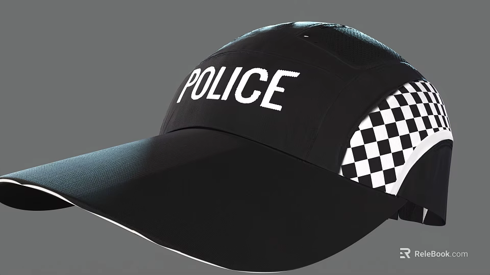 Black Police Hat With POLICE Lettering And Checkerboard Side Pattern 3d model 