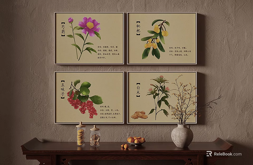 Natural Botanical Photo Wall Featuring Four Floral Fruit Illustrations And Wooden Table Decor 3d model 