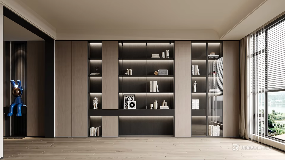 Modern Wooden Bookcase With Glass Doors And Shelves Displaying Books And Decorative Items 3d model 