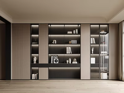 Modern Wooden Bookcase With Glass Doors And Shelves Displaying Books And Decorative Items 3d model
