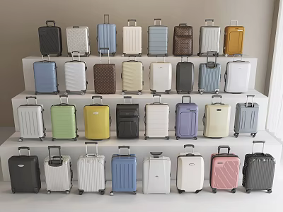 Various Colors Different Styles Suitcases Neatly Arranged On Multi Layered White Steps 3d model