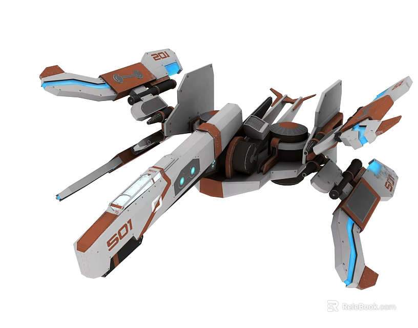 Futuristic Sci Fi Spaceship With White Orange Blue Design And Mechanical Wings 3d model 