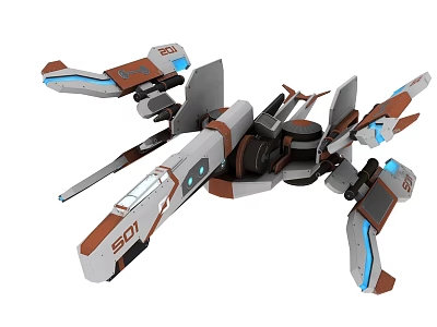 Futuristic Sci Fi Spaceship With White Orange Blue Design And Mechanical Wings 3d model