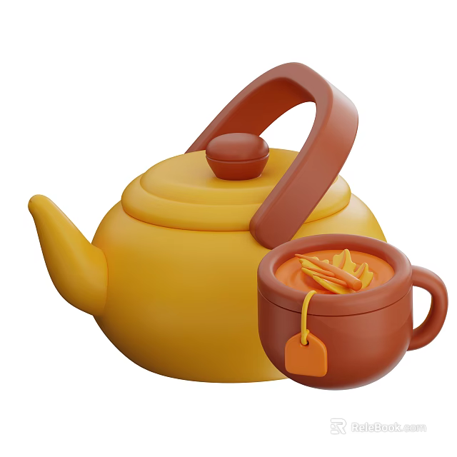 Yellow Teapot And Brown Teacup Tableware Set With Tea Bag 3d model 