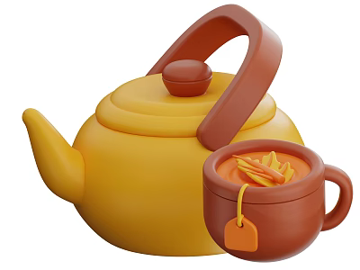 Yellow Teapot And Brown Teacup Tableware Set With Tea Bag 3d model