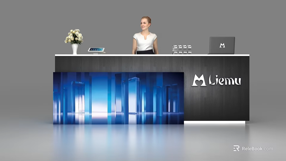 Modern Liemu Reception Desk With Flower Vase Laptop And Blue Architectural 3d model 