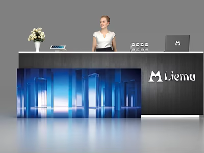 Modern Liemu Reception Desk With Flower Vase Laptop And Blue Architectural 3d model